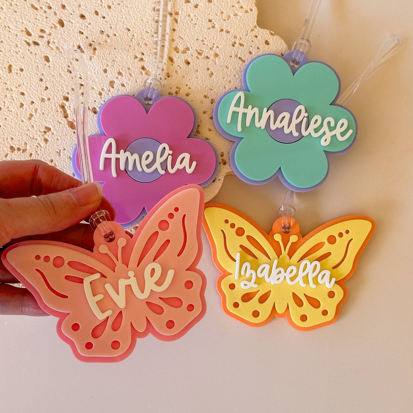 Double Layered Acrylic Personalised Bag Tag | Flower