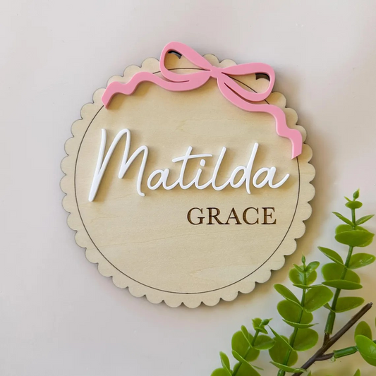 Personalised Door Sign - Baby Birth Announcement Plaque Bow