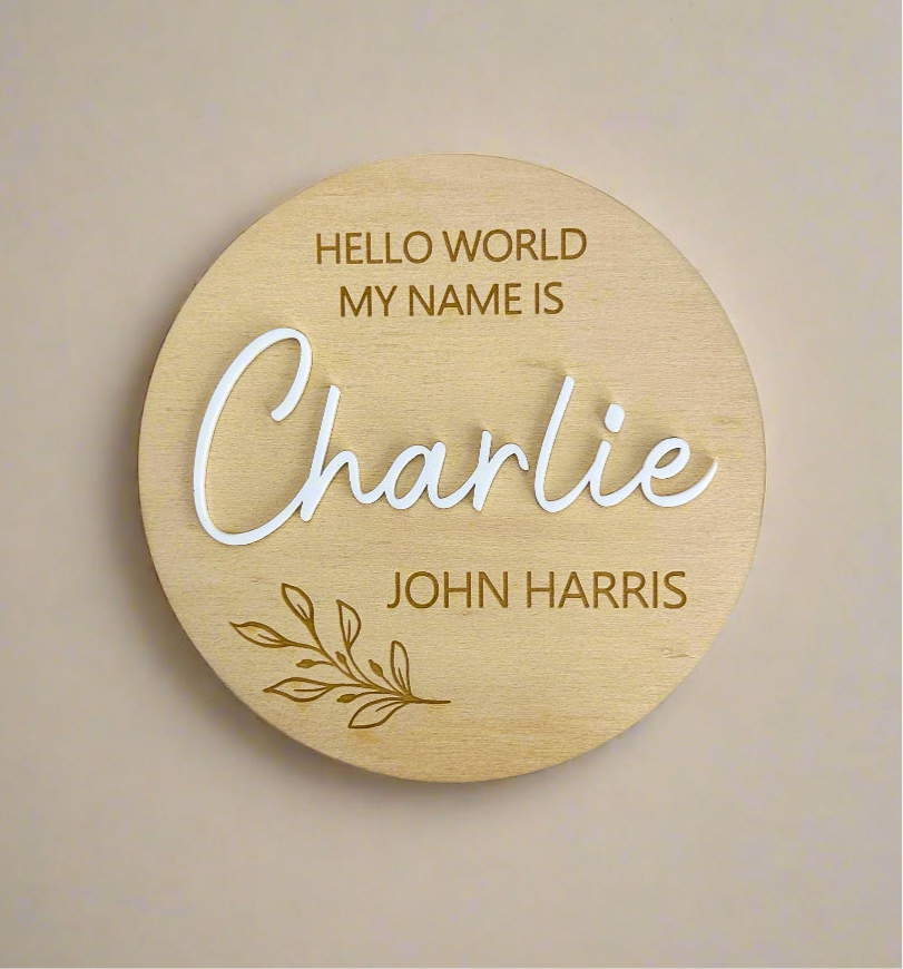 Birth Announcement Plaque | Hello World Personalised Baby Announcement Wooden Sign
