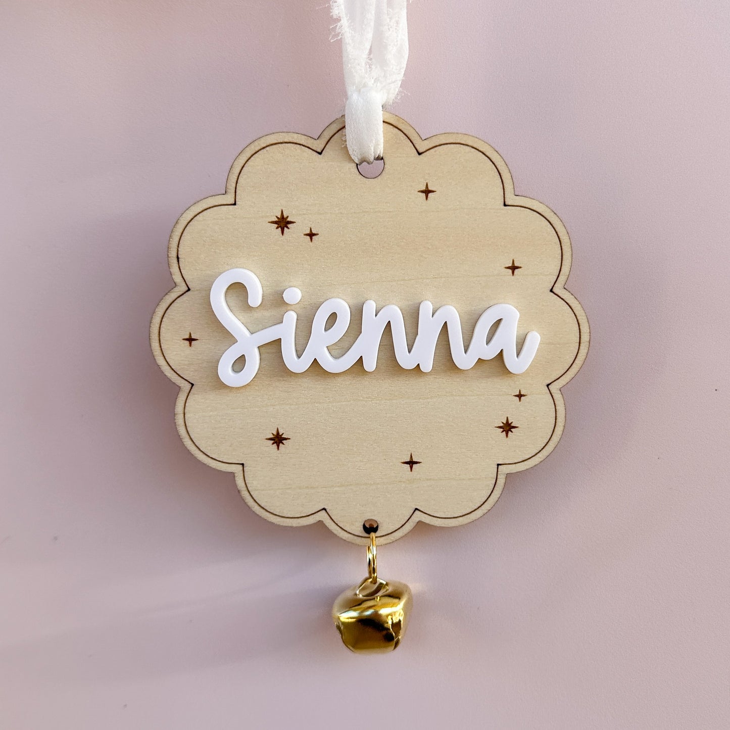 Personalised Custom Christmas Tree Ornament | Scallop Bauble Wood Acrylic Decoration with Bell