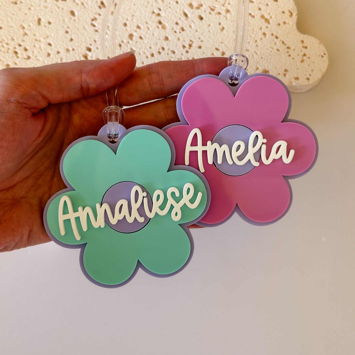 Double Layered Acrylic Personalised Bag Tag | Flower