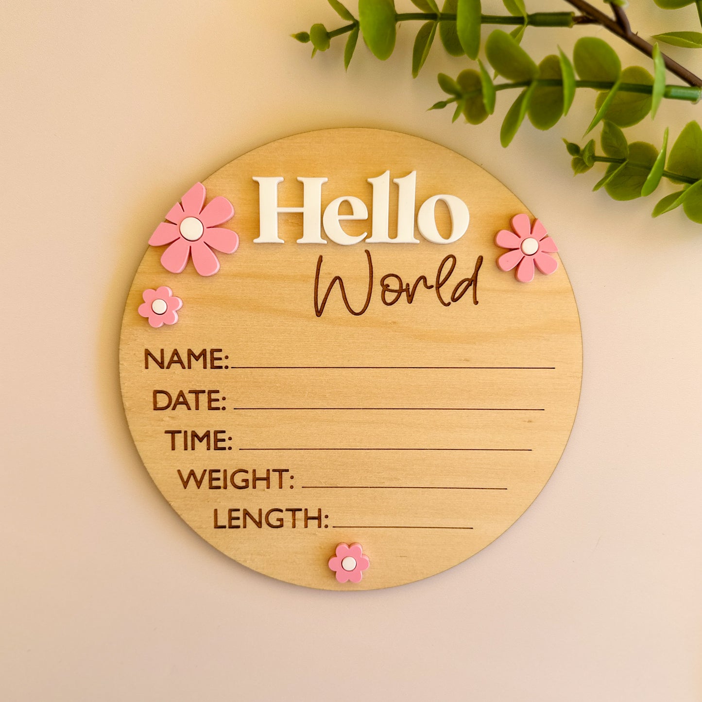 Hello World Plaque - Flowers | Birth Announcement Plaque