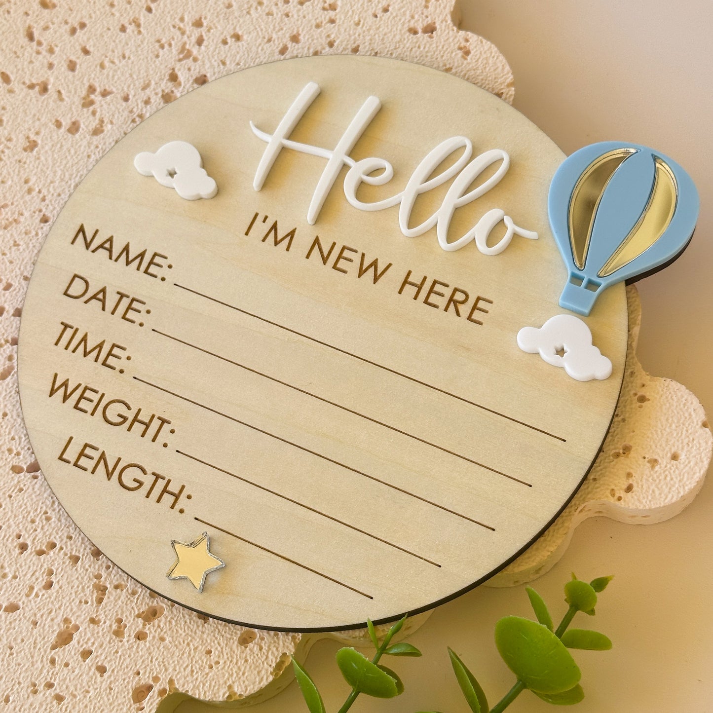 Hello World Baby Birth Announcement Plaque - Hot Air Balloon