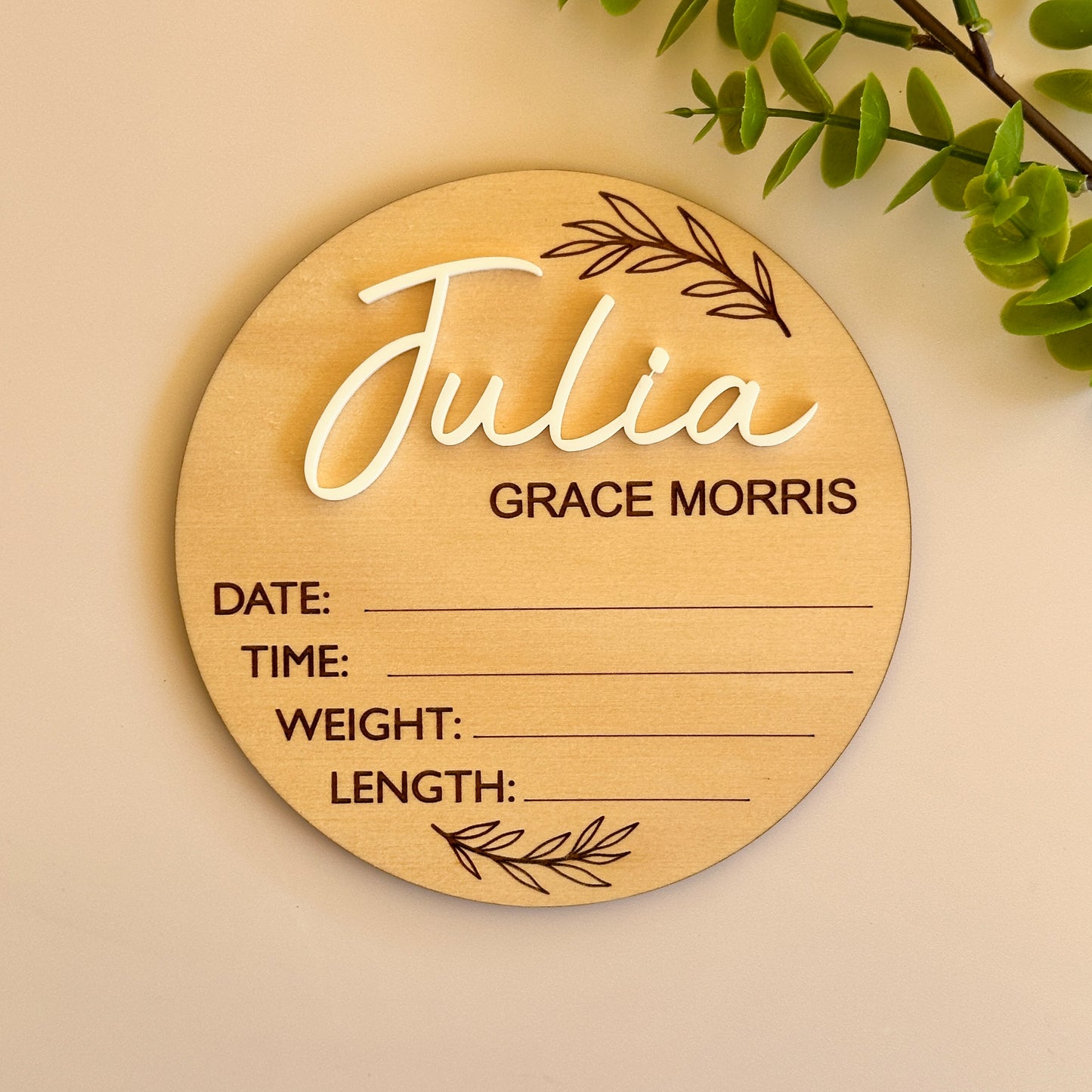 Personalised Baby Birth Announcement Plaque - Leaves