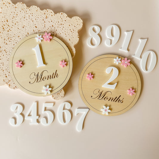 Acrylic Wooden Baby Milestone Discs - Interchangeable Flowers