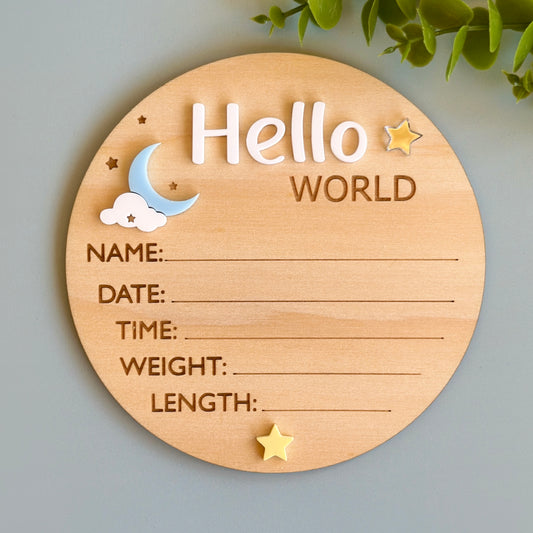 Hello World Plaque - Moon | Birth Announcement Plaque