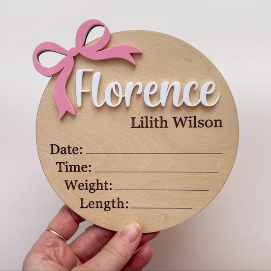 Personalised Baby Birth Announcement Plaque Bow