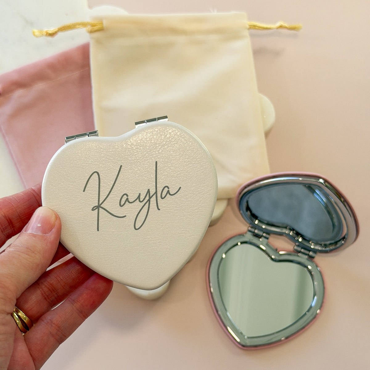 Personalised Heart Compact Mirror – Engraved Name Gift