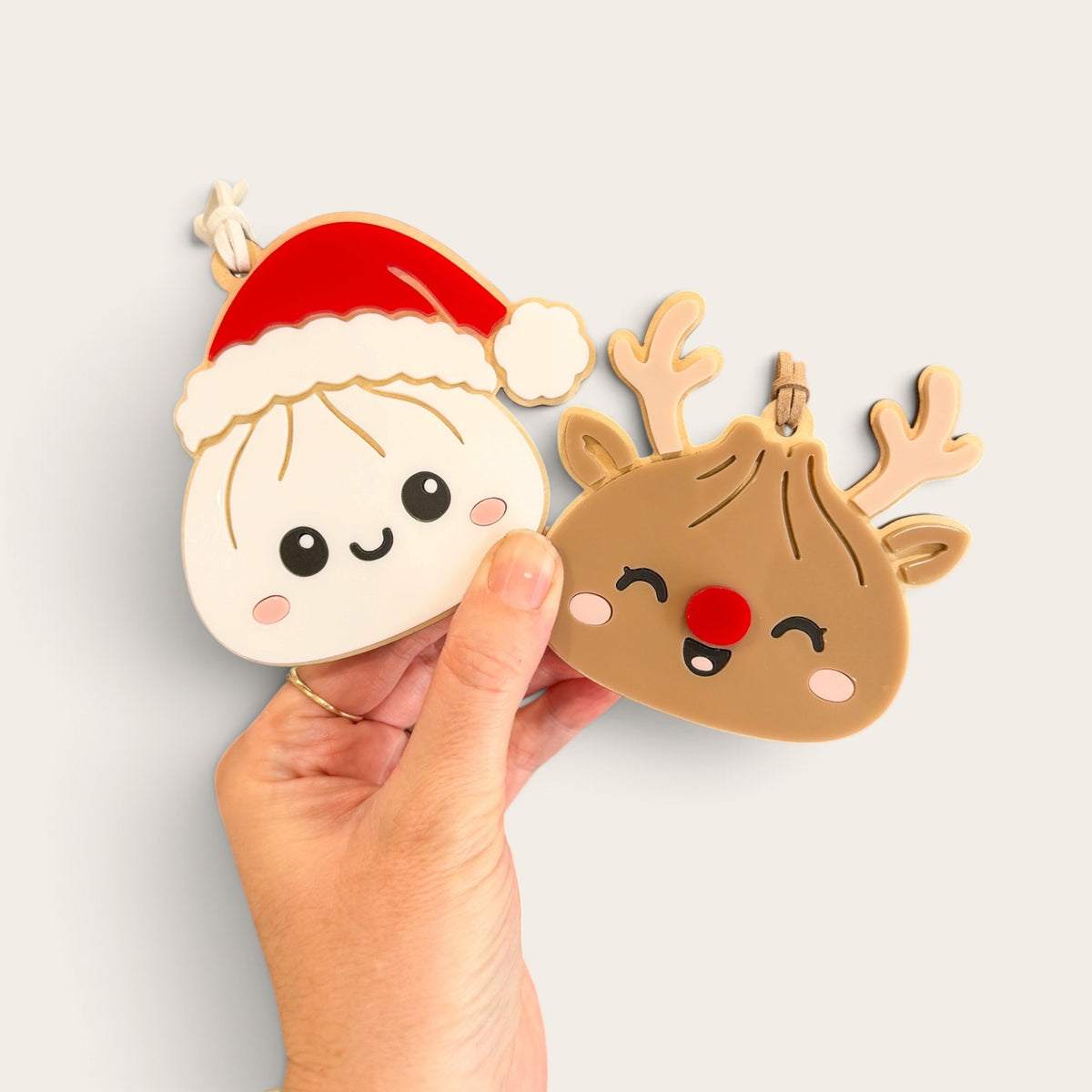 Christmas Squishy Ornament 2 Pack | Reindeer Dumpling Wooden Acrylic