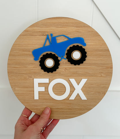Personalised Monster Truck Wooden Door Sign | Wall Plaque | Personalised Kids Door Sign | Wood Name Sign Plaque Bamboo