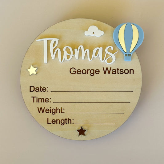 Personalised Baby Birth Announcement Plaque - Hot Air Balloon