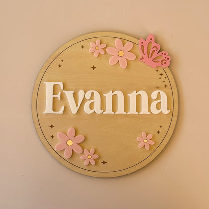 Personalised Name Plaque - Flowers & Butterfly | Kids Door Sign