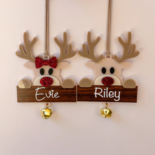 Personalised Christmas Tree Ornament | Reindeer Acrylic with Bell