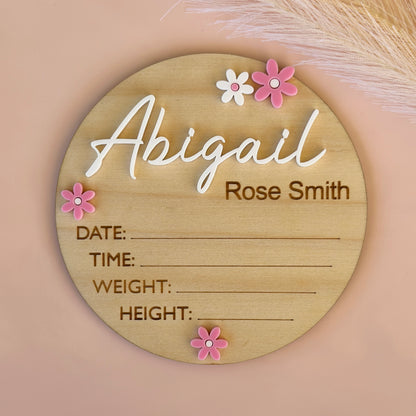 Personalised Baby Birth Announcement Plaque - Flowers