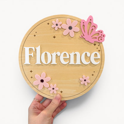 Personalised Name Plaque - Flowers & Butterfly | Kids Door Sign
