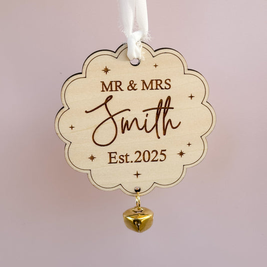 Personalised Custom Mr & Mrs Christmas Tree Ornament | Scallop Bauble Wood Decoration with Bell