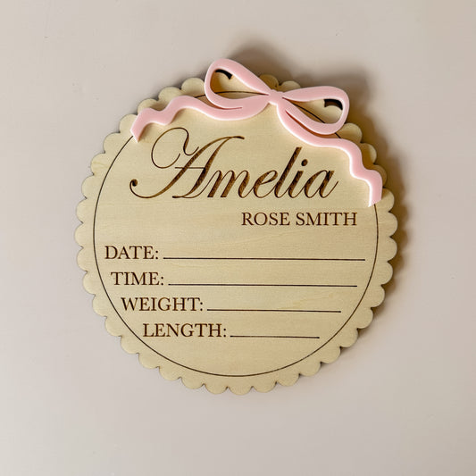 Personalised Baby Birth Announcement Plaque Bows