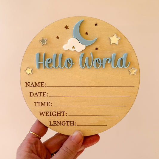 Hello World Baby Birth Announcement Plaque - Moon & Stars