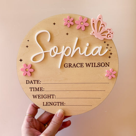 LARGE 18cm Personalised Baby Birth Announcement Plaque - Butterfly & Flowers