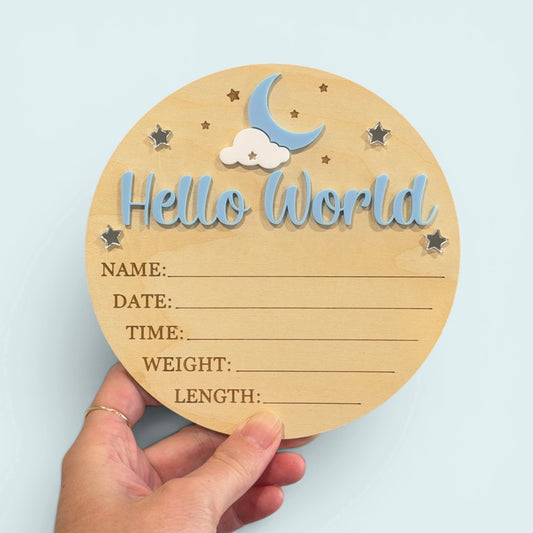 Hello World Baby Birth Announcement Plaque - Moon & Stars