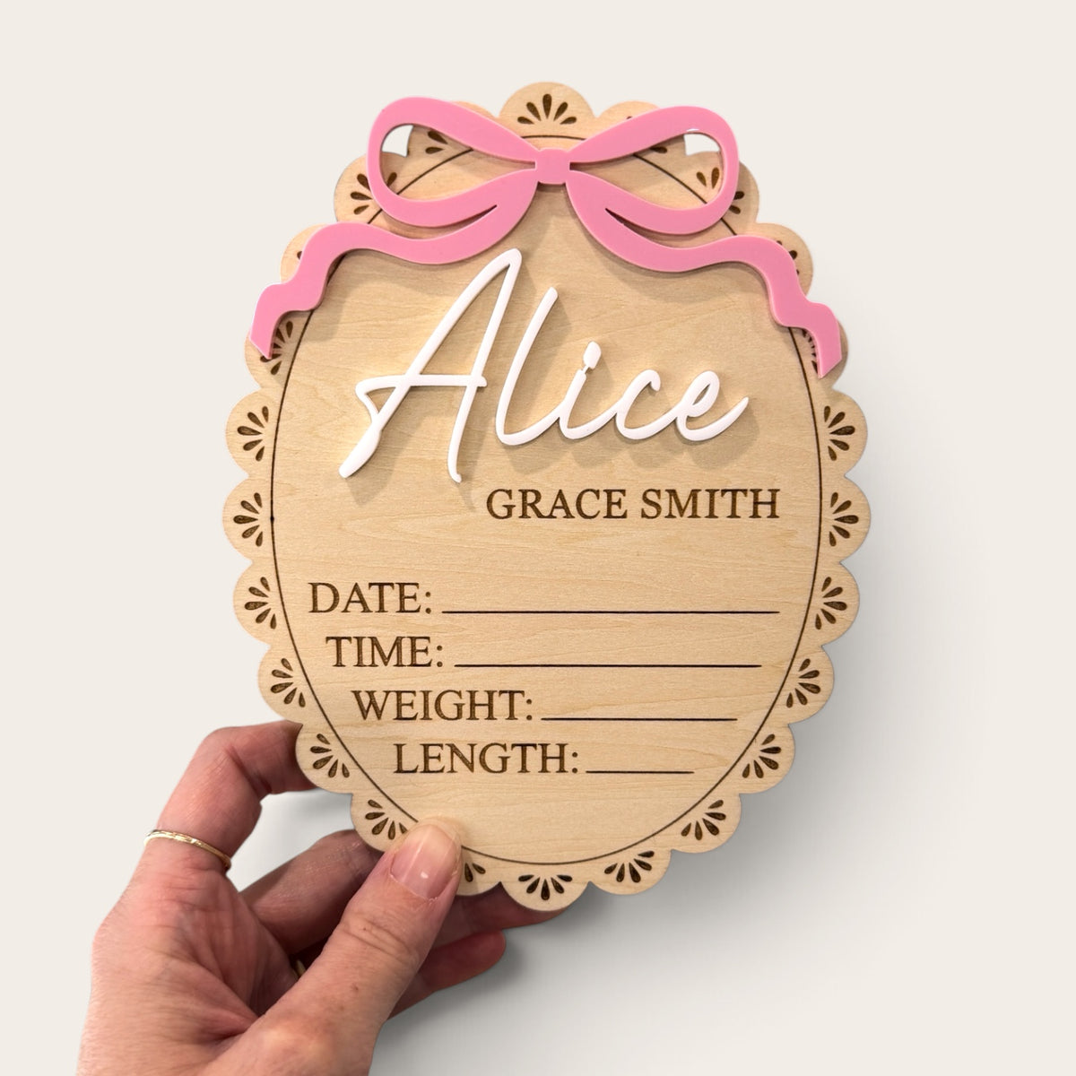 Personalised Baby Birth Announcement Plaque with Acrylic Bow