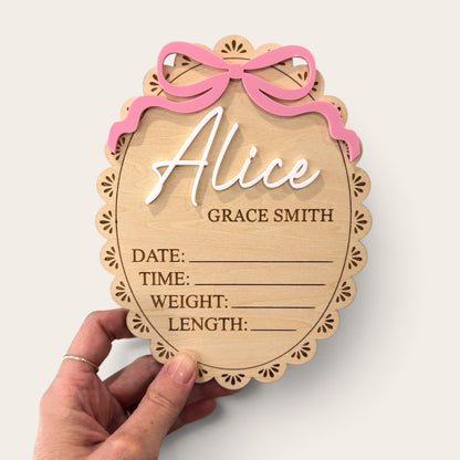 Personalised Baby Birth Announcement Plaque with Acrylic Bow