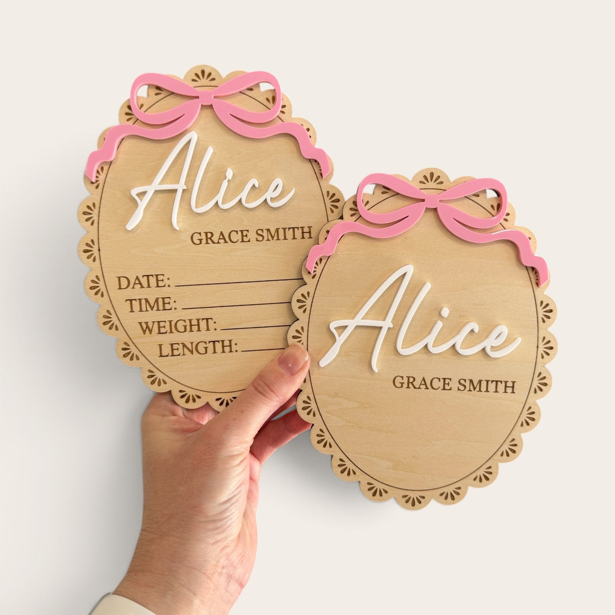Personalised Baby Birth Announcement Plaque with Acrylic Bow