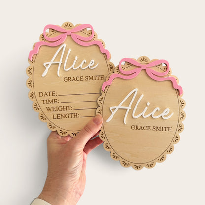 Personalised Baby Birth Announcement Plaque with Acrylic Bow