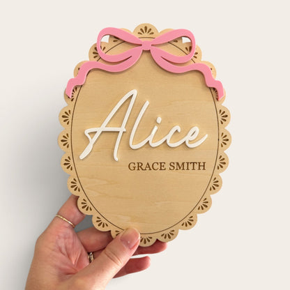Personalised Baby Birth Announcement Plaque with Acrylic Bow