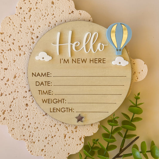 Hello World Baby Birth Announcement Plaque - Hot Air Balloon