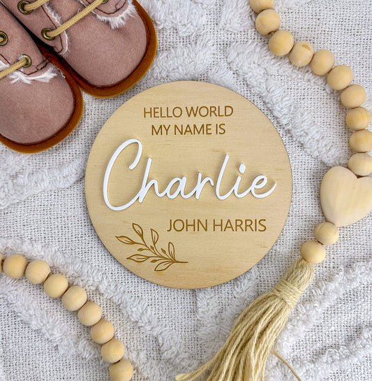 Birth Announcement Plaque | Hello World Personalised Baby Announcement Wooden Sign