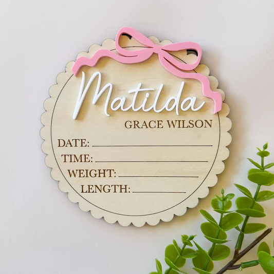 Personalised Baby Birth Announcement Plaque Bow Acrylic