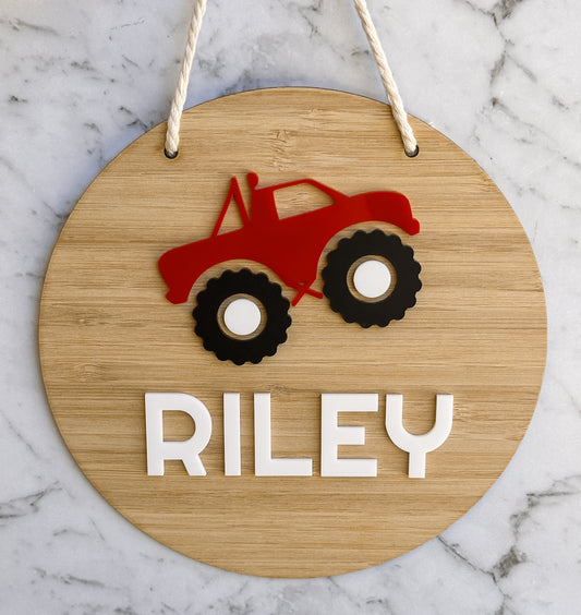 Personalised Monster Truck Wooden Door Sign | Wall Plaque | Personalised Kids Door Sign | Wood Name Sign Plaque Bamboo